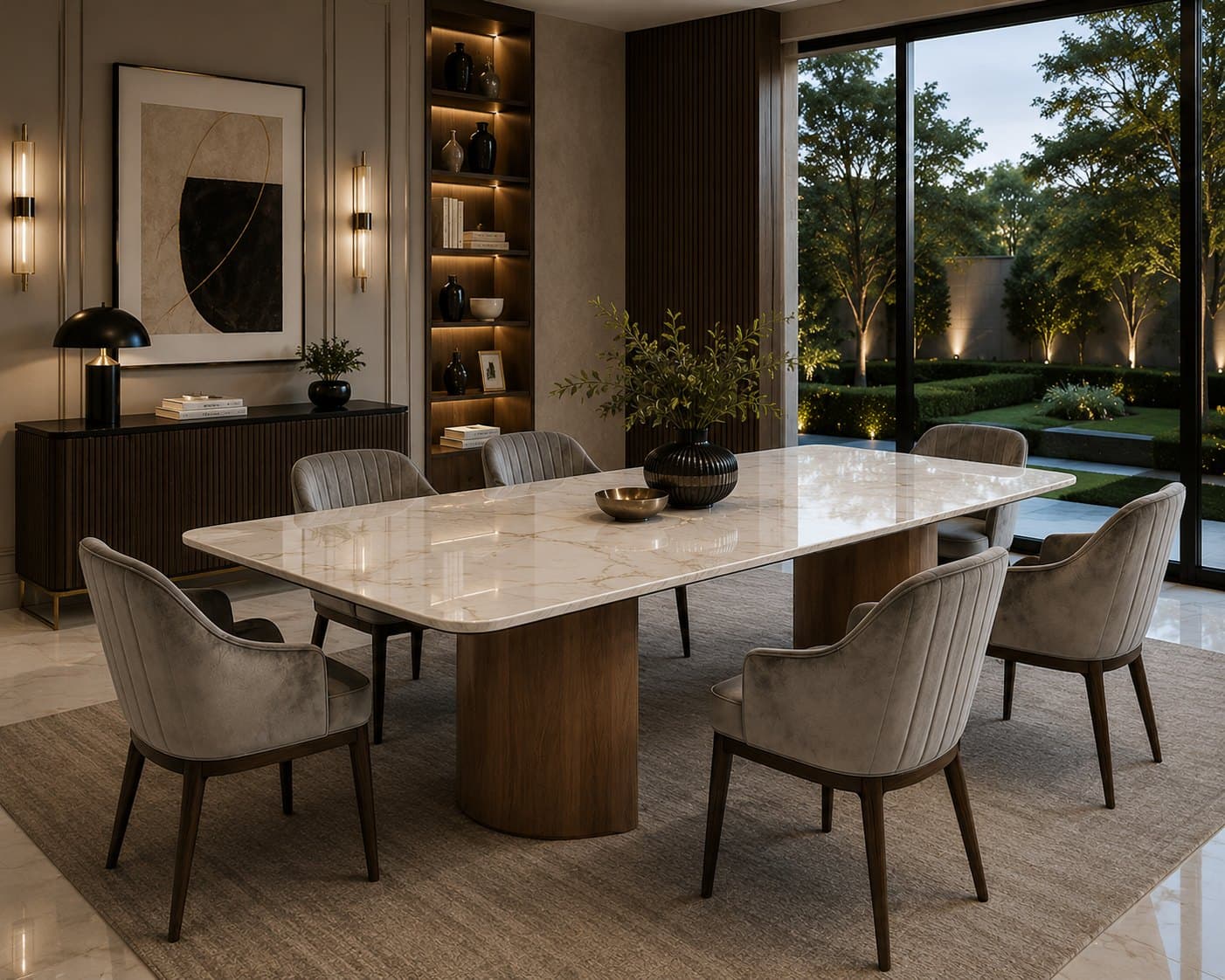 Mesa rectangular de cubierta clara con bases cilíndricas de madera y sillas grises
