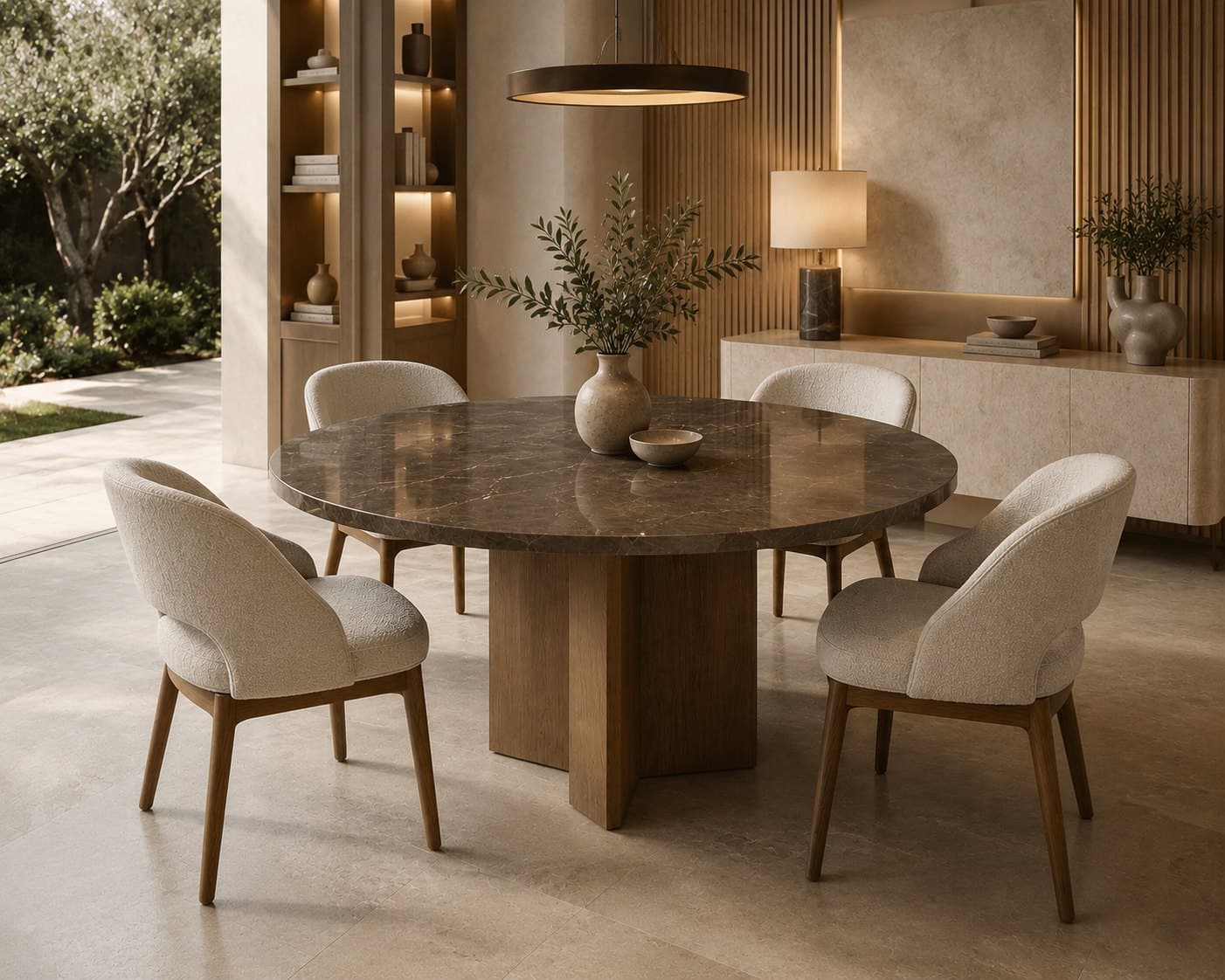 Comedor con mesa redonda de cubierta café, base de madera y sillas claras
