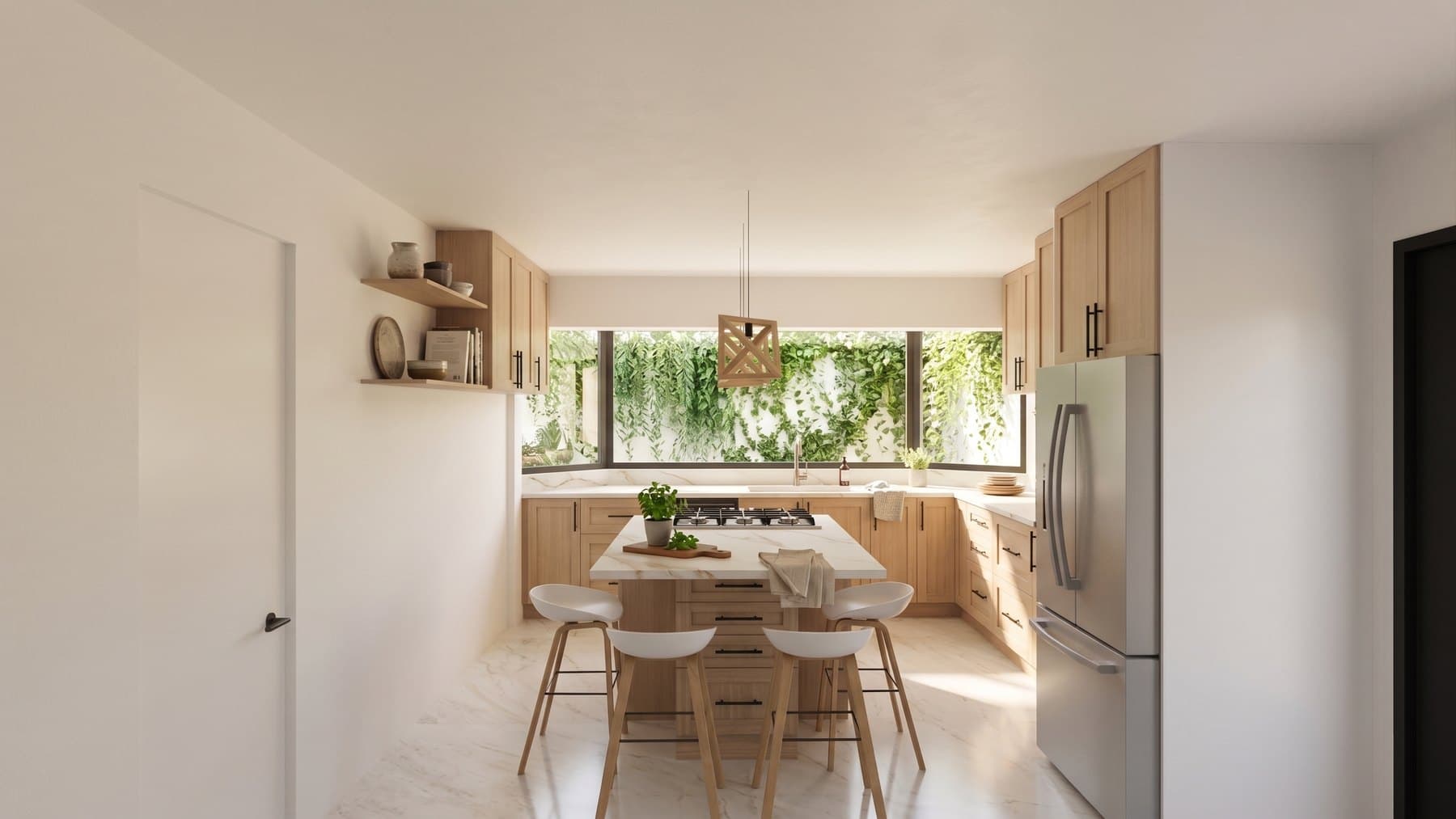 Cocina luminosa con isla clara, lámparas tejidas y ventanal hacia el jardín