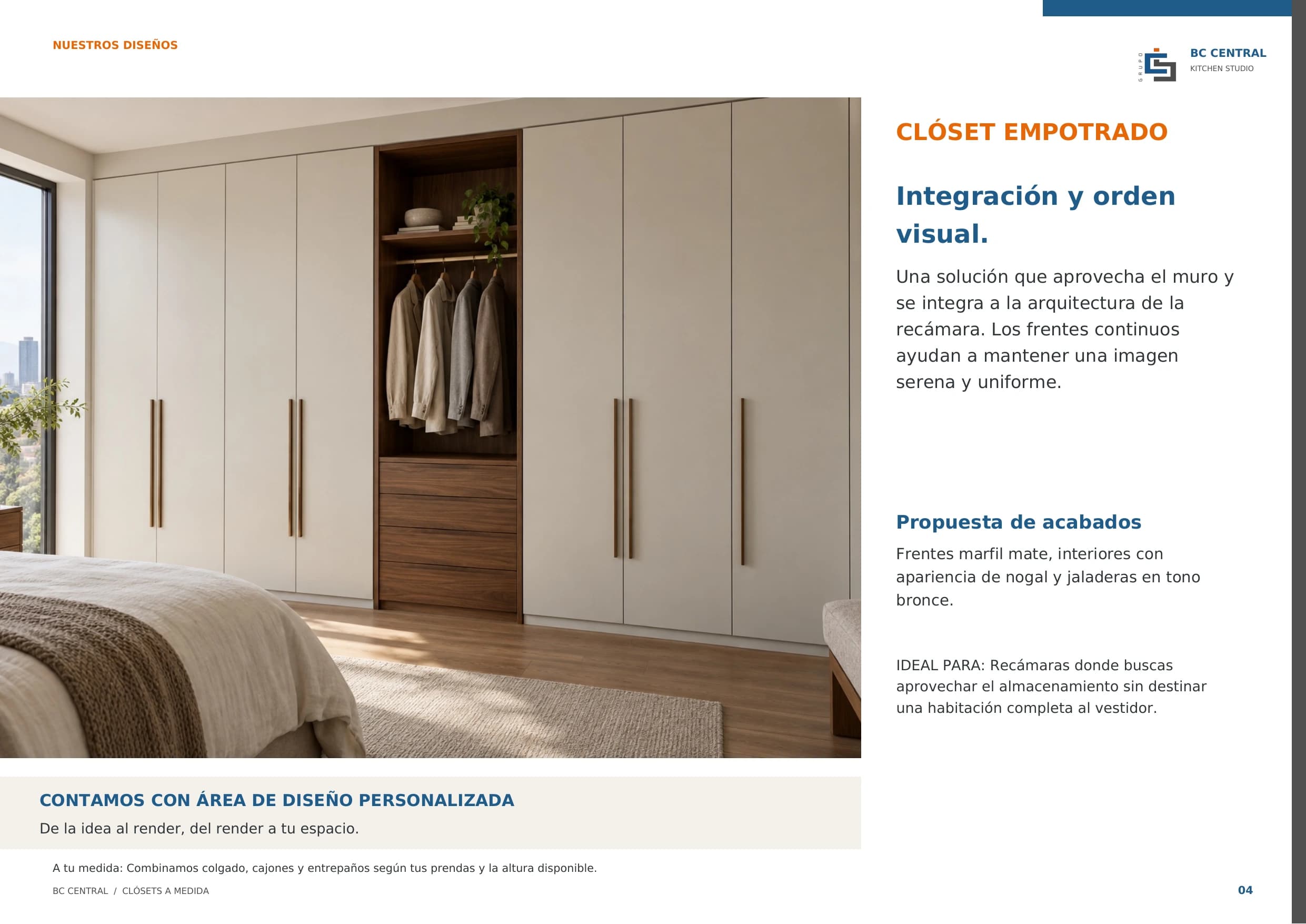 Lámina del catálogo de clósets BC Central: Clóset empotrado con frentes marfil, interiores tipo nogal y jaladeras bronce