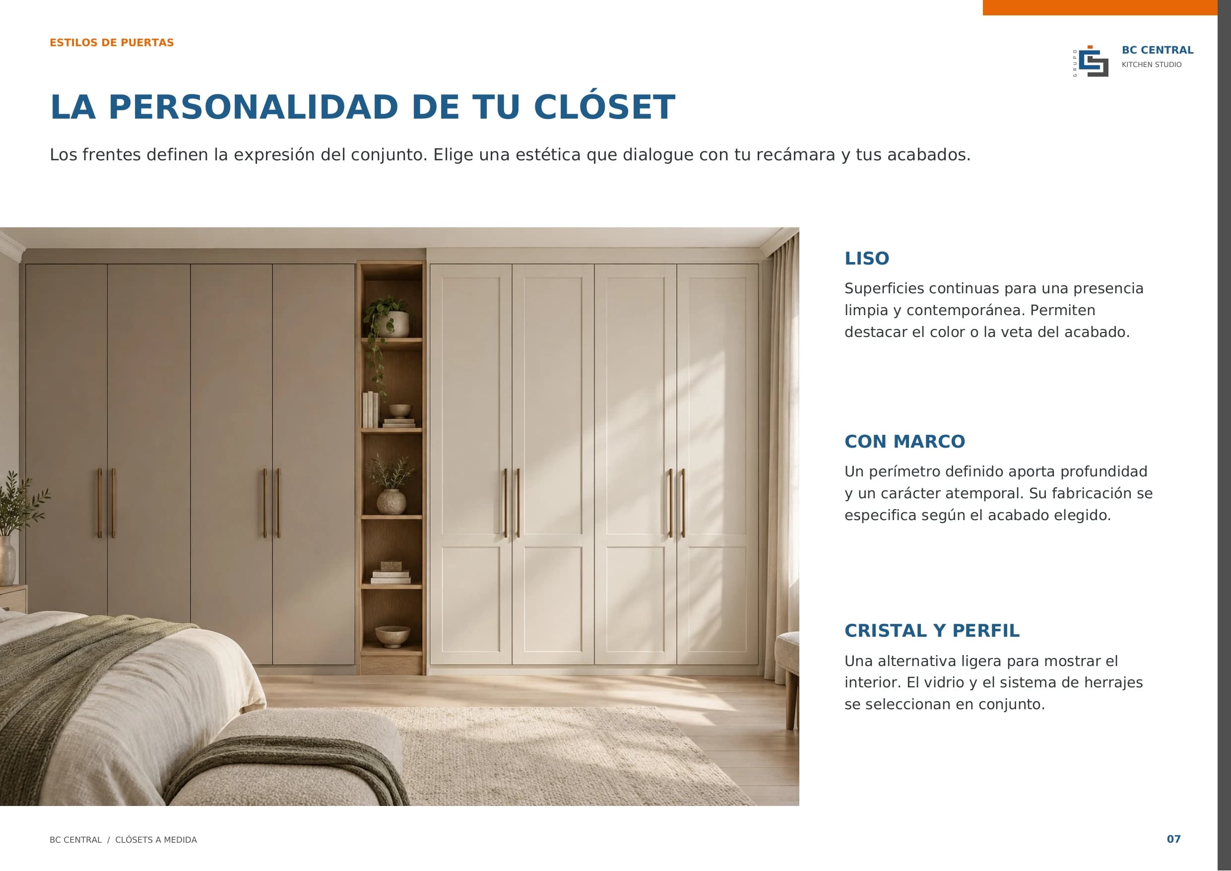 Lámina del catálogo de clósets BC Central: Puertas de clóset lisas, con marco y de cristal con perfil