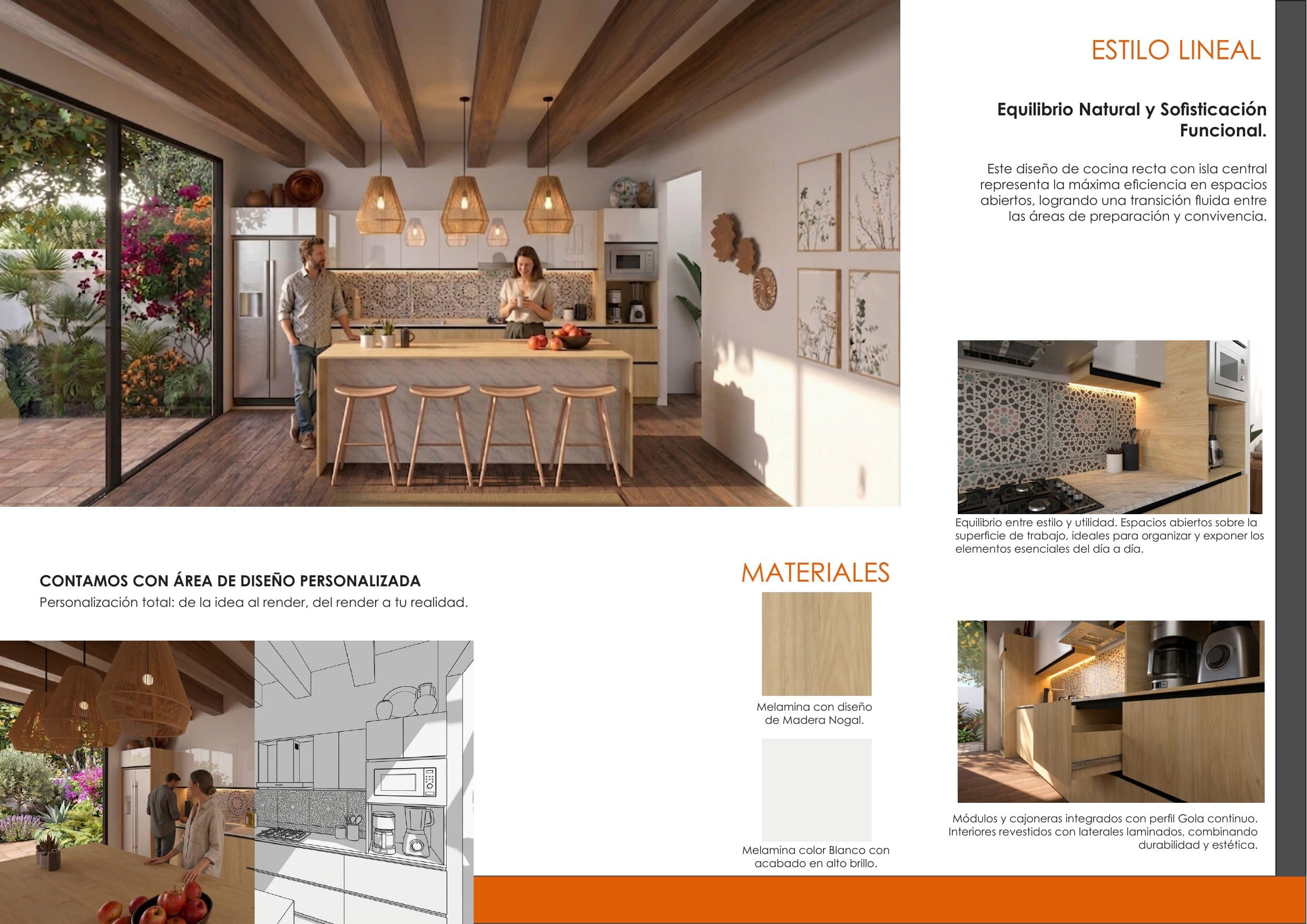 Lámina del catálogo BC Central de una cocina de estilo lineal con isla central