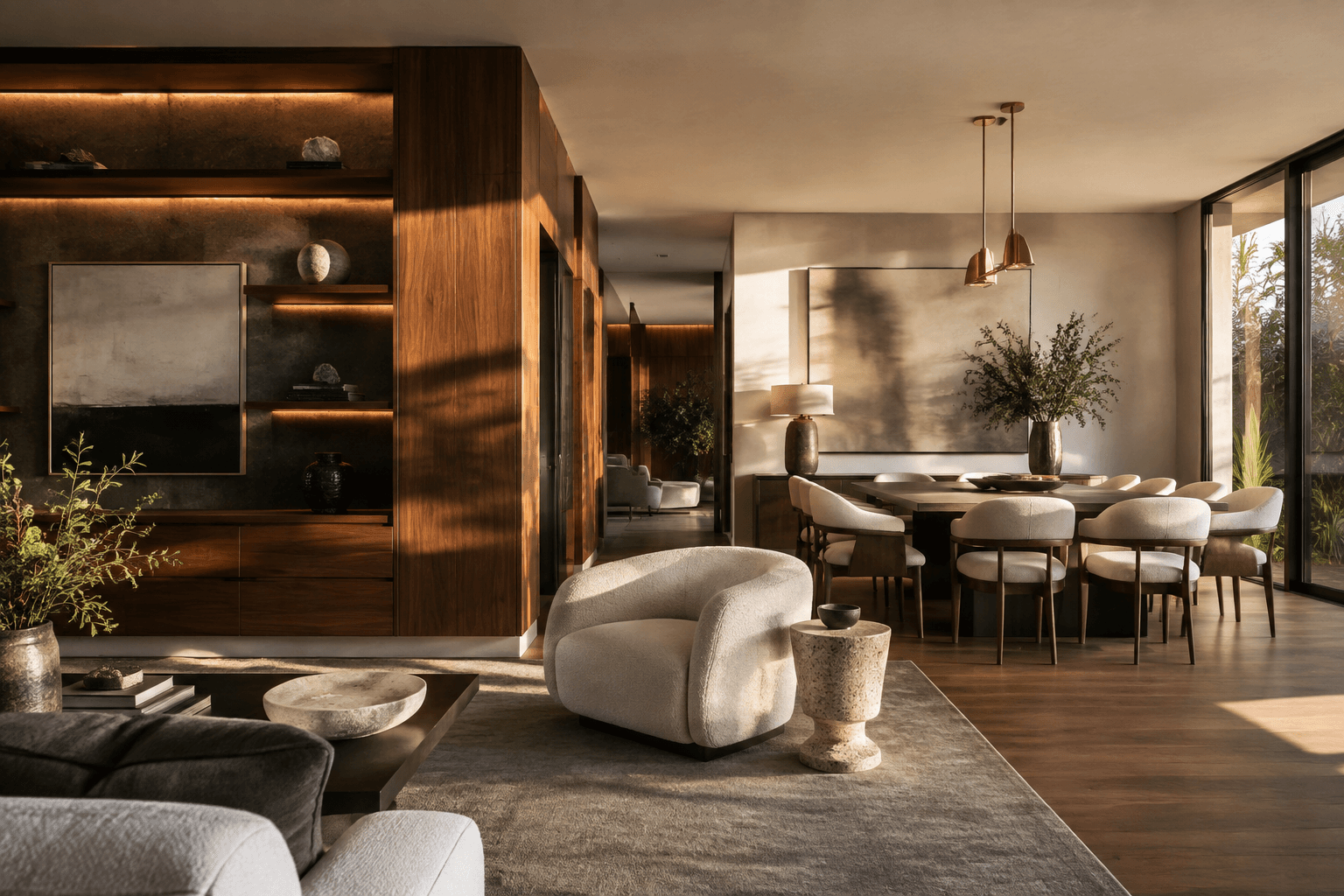 Sala con muebles tapizados claros, librero iluminado y comedor integrado al fondo