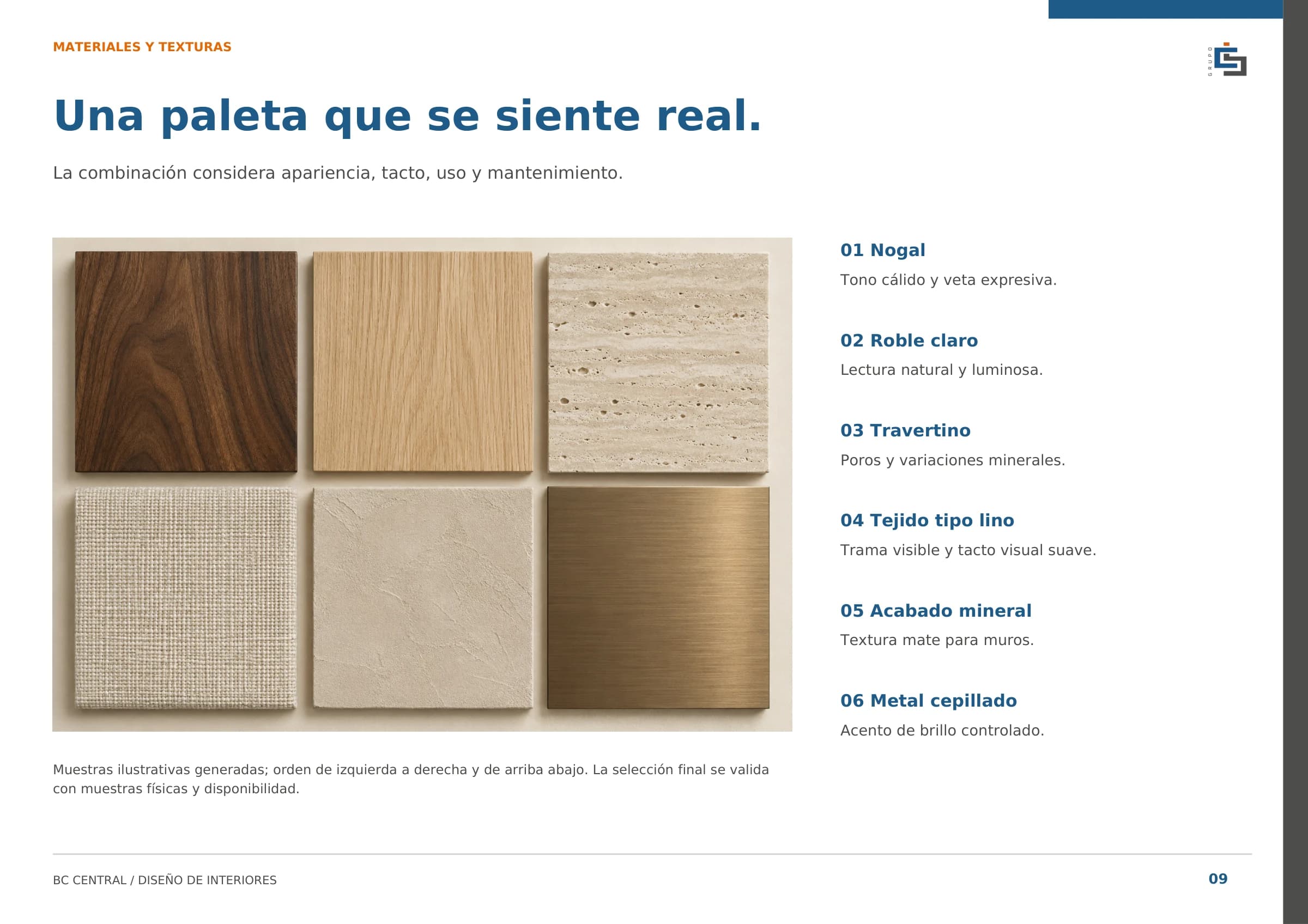 Lámina del catálogo BC Central de diseño de interiores. Materiales y texturas: nogal, roble claro, travertino, tejido tipo lino, acabado mineral y metal cepillado.