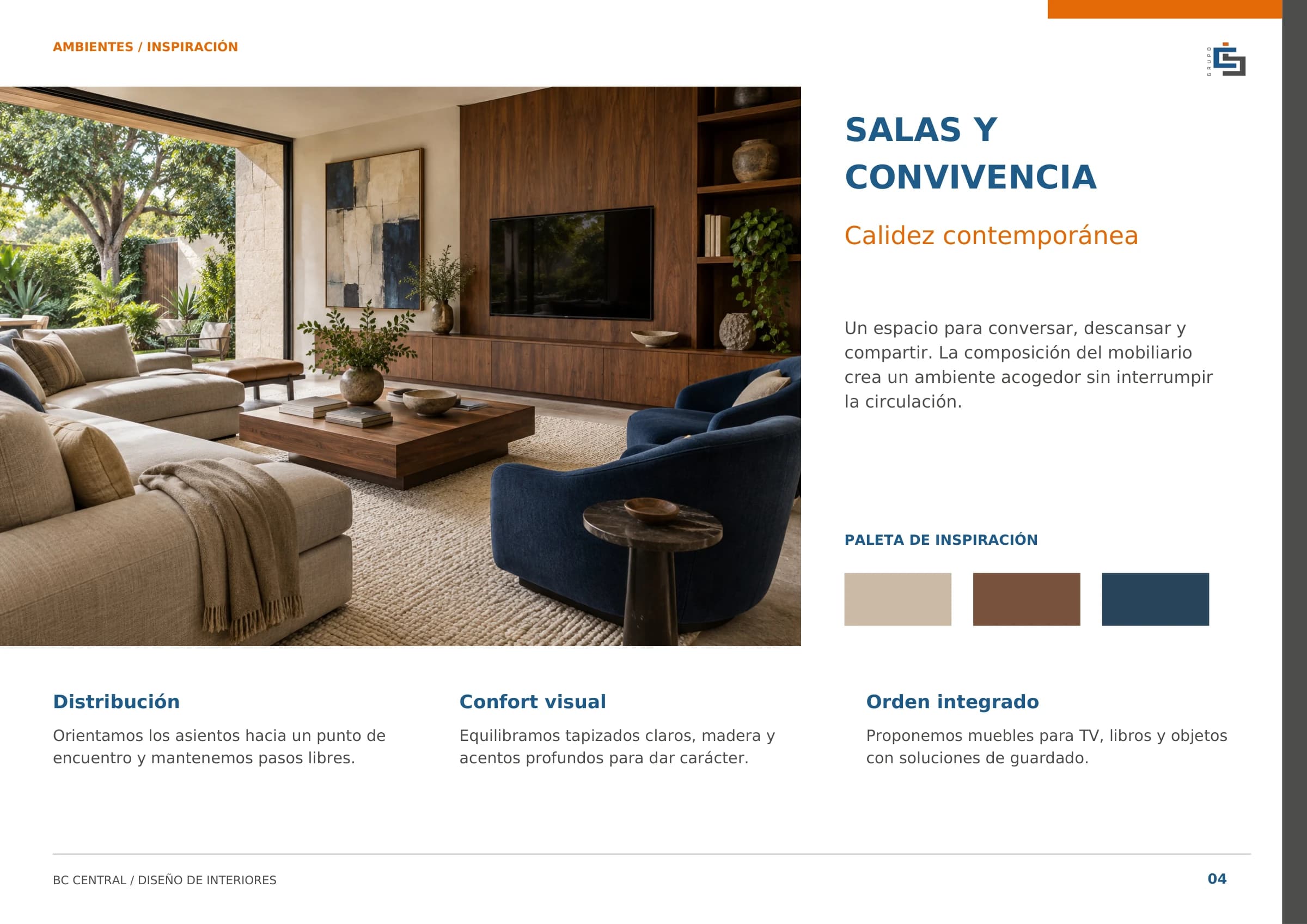 Lámina del catálogo BC Central de diseño de interiores. Salas y convivencia: distribución, confort visual y orden integrado.